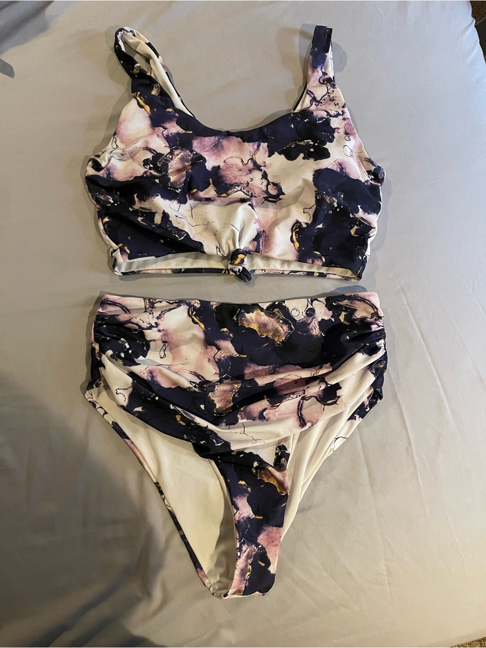 SHEIN Navy, Pink and White Marble Print High-Waist Bikini Set